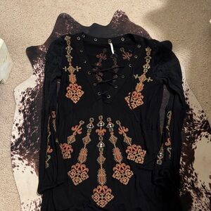 Free People Black and Orange Embroidered Mini Dress